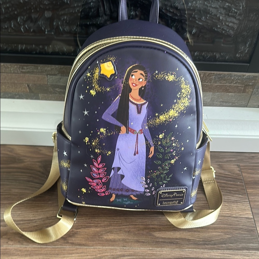 Loungefly Purple and Gold Mini wish Asha Star Backpack with Magical Design